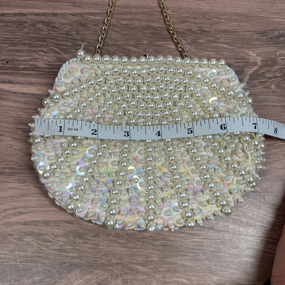 VTG 1960's LaRegale LTD Pearl Sequin Beaded Clutch Bag Gold Chain Evening Purse - Picture 9 of 10